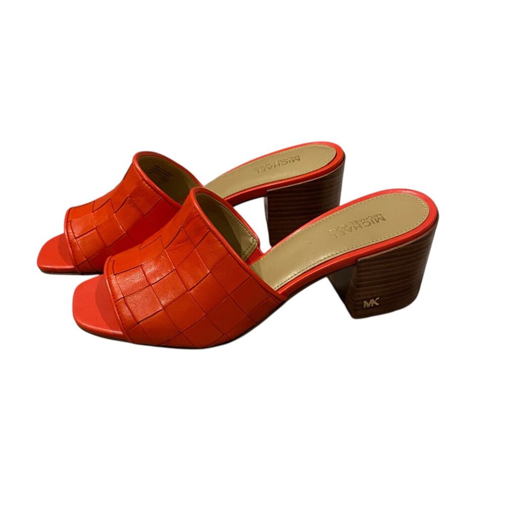 MICHAEL KORS Ingrid Woven Leather Slide Mule Sandal Optic Orange Sz 6.5 NIB - Picture 2 of 8